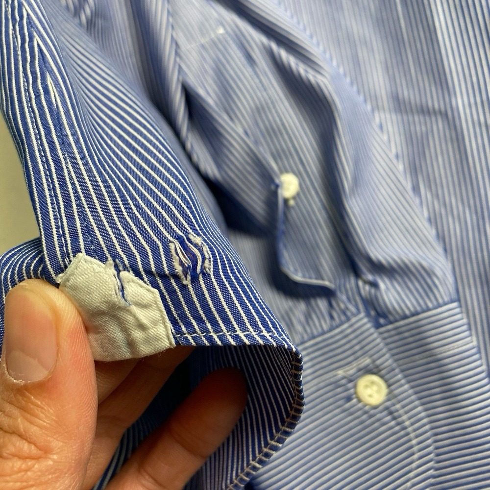 Ermenegildo Zegna Shirt 16.5 42 L/S Button Down Blue White Fine Stripe FLAWS - Picture 11 of 12